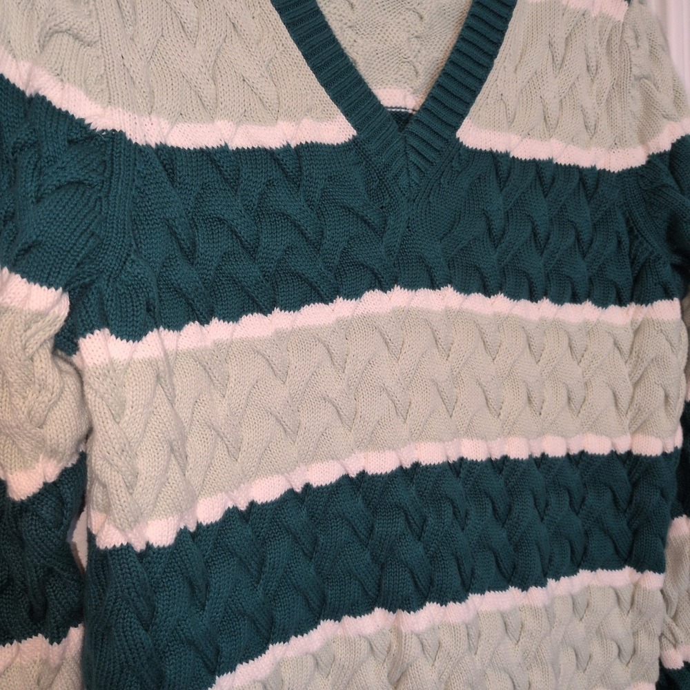 Plus Size Lands End Drifter Sweater Womens 1X Teal Green Cotton Cable Knit VNeck